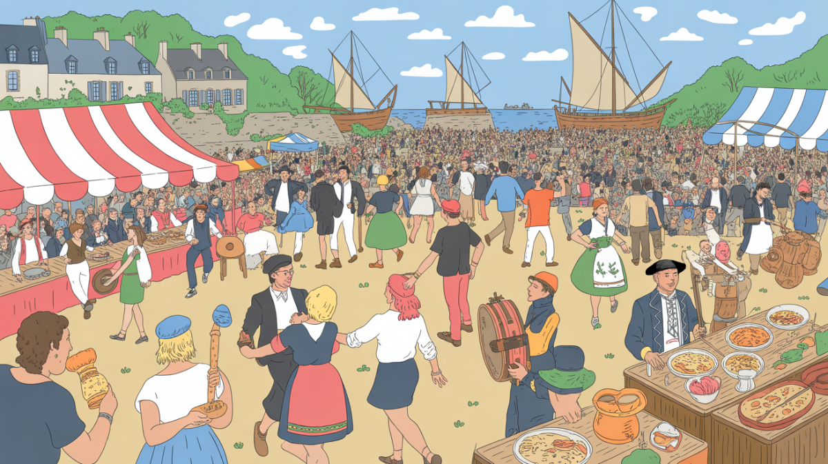 Quels festivals animeront la Bretagne ce mois-ci ? Illustration of festivals in Brittany showcasing cultural diversity from traditional Breton music to contemporary sounds.